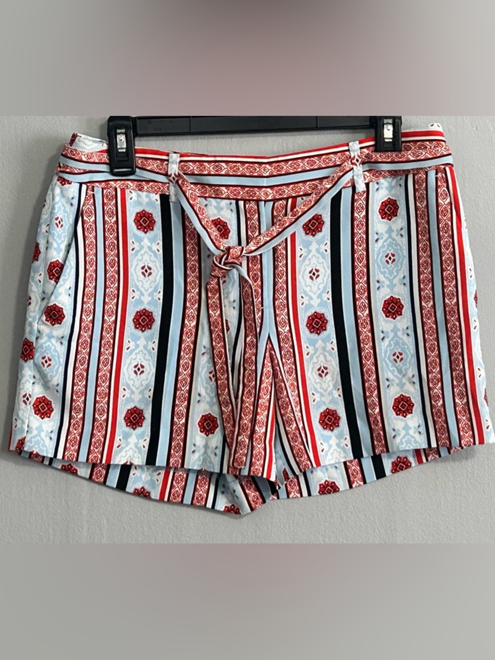 LOFT Red and Light Blue Vertical Stripe Tie-Waist Shorts